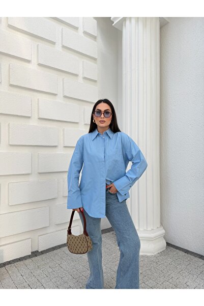 Myra Fashion Oversize Poplin Gömlek Tek Cepli Geniş Kesim Uzun Kol Bluz Kadın...