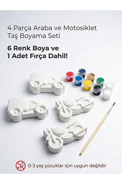 zenstone Araba ve Motosiklet Taş Boyama Seti - 4 Parça Figür, 6 Renk Boya ve ...