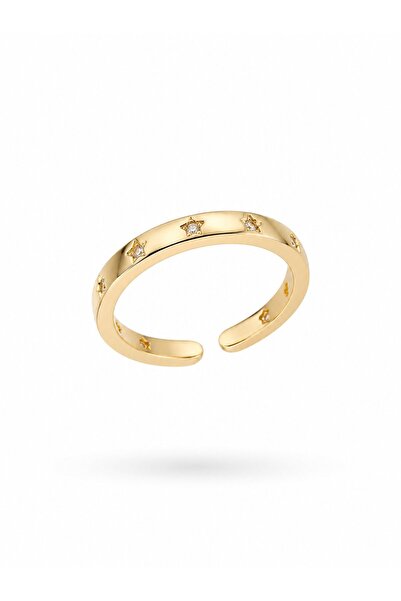 serelya Brass Gold Color Star Detailed Wedding Ring Model Women's Ring