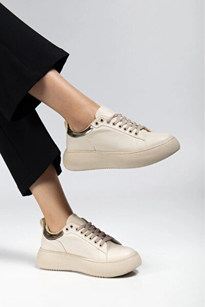 Günlük Kullanıma Uygun Bağcıklı Dikişli Kadın Spor Ayakkabı Sneaker (Bej & Siyah & Beyaz)