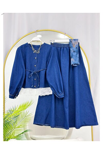 YEDİLALE Lace-Detail Denim Shirt and Skirt Two-Piece Set [Excluding Shawl]