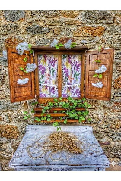 buraxe Dekoratif el boyaması,ahşap dokulu,perdeli panjurlu pencere,100×70 cm ...
