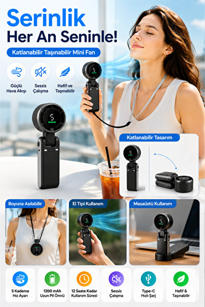 OpenCity Siyah Taşınabilir Mini Fan Katlanabilir Boyuna Asılabilir USB Şarjlı...