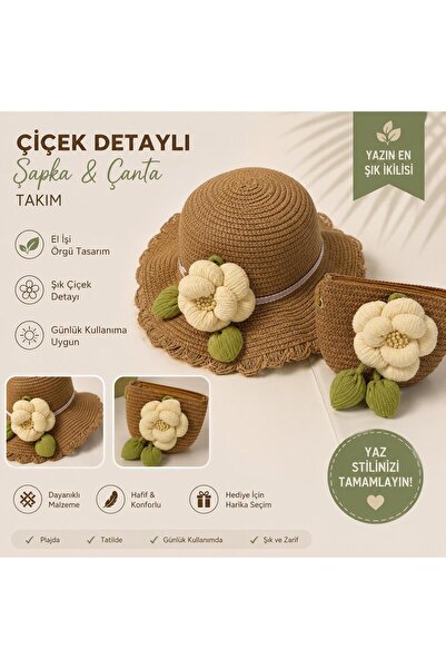 ZS Aksesuar Children's Floral Detailed Straw Hat and Bag Set 2-5 Years Old