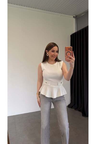 elif teke Bluză cu volane din oțel, albă
