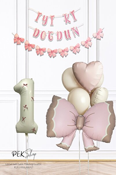 PEKSHOP 1 Yaş Retro Pembe Fiyonk Tema Lüks 1 Yaş Doğum Günü Balon Seti