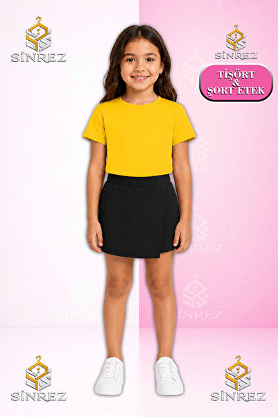 SİNREZ Girl's Set Plain Short Sleeve T-Shirt Shorts Skirt