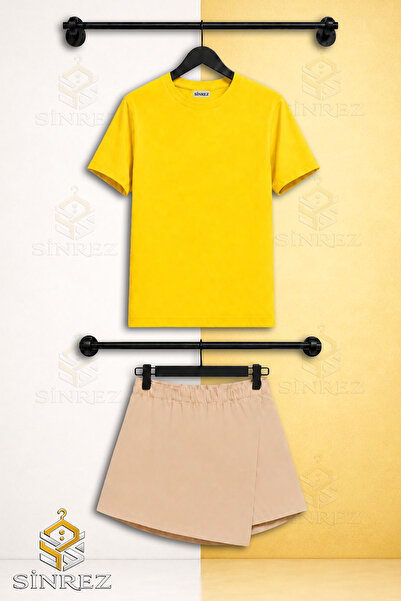 SİNREZ Girl's 2-Piece Set No Print Short Sleeve T-Shirt and Shorts Skirt