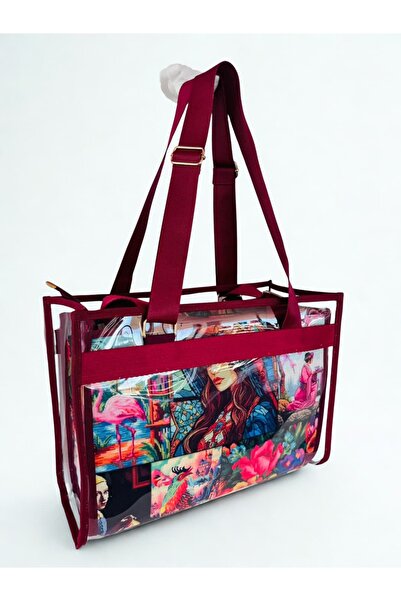 MORA BAG Şeffaf Çantalı Taşıma Çantası Goblen Nakış Desen 1/ Bordo