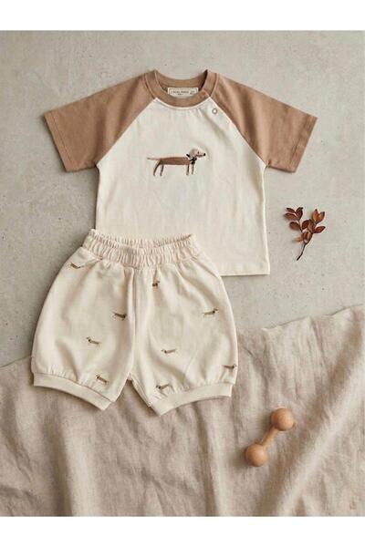UNİCORNKİDS Printed Brown Baby Top and Bottom Set