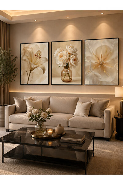 Dekor Premium Floral 3’lü Tablo Seti – Modern Çiçek Temalı Bej Duvar Dekoru |...