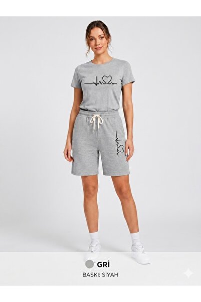 Gutsy T-Shirt Shorts 2-Piece Combination Sweat-Absorbing Rhythmic Heart Print...