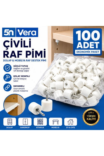 5NVERA 5N Vera 100 Adet Çivili Raf Pimi Beyaz | Dolap Raf Destek Pimi | Mobil...