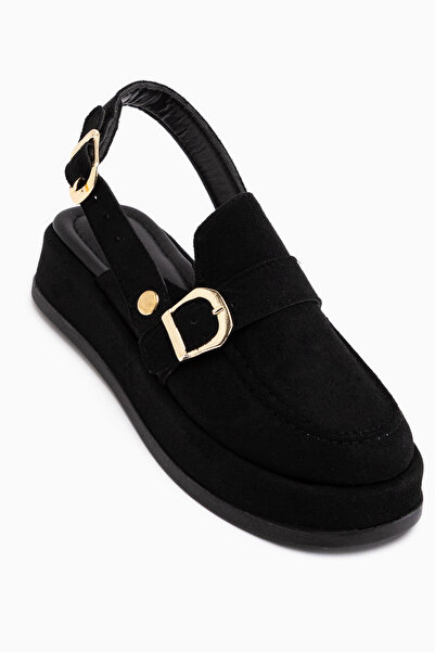 Limoya Gity Black Suede Double Buckle Women's Slingback Loafer Shoes