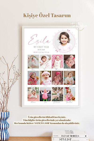 tablodea Kişiye Özel Tasarım 12 Ay Fotoğraflı Bebek Anı Tablosu TD Bebek 1 Ya...
