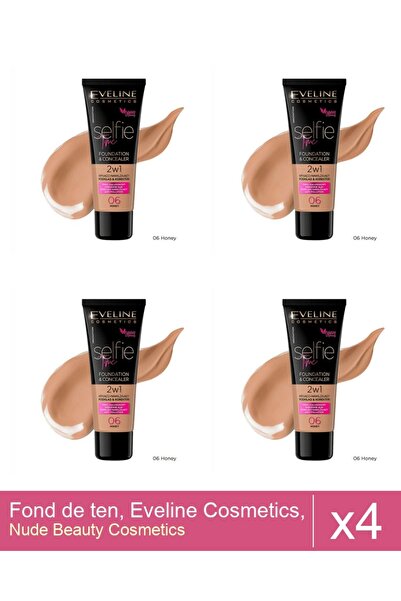 Makeup Set 4x Fond de ten, Eveline Cosmetics, Selfie Time 2 in 1, 06 Honey, 30ml