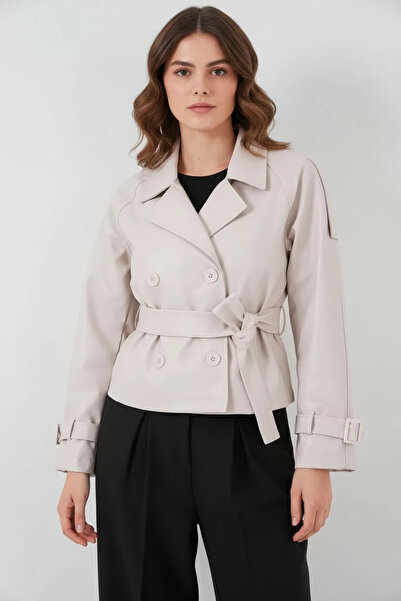 buğrahayalin Women's Classic Collar Belted Double Button Ecru Jacket