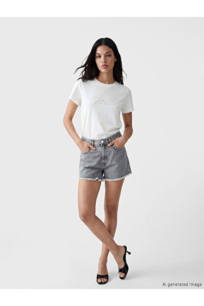 LC Waikiki Nevavm Women's Jean Shorts with Tassels and Stones