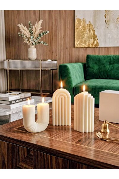 AKLIMDASIN Pinterest Tasarım Krem Renk Ev Dekor Salon Mumu 3lü set Desenli Mu...