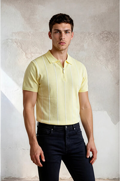 Sea Style Striped Zipper Detailed Polo Collar Knitwear T-Shirt