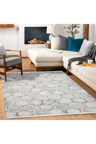 halinet Halı.Net Gray Modern Washable Non-Slip Living Room Carpet Cr-Argilla-...
