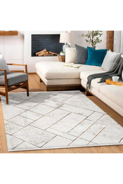halinet Halı.Net Cream Modern Washable Non-Slip Living Room Carpet Cr-Safir-1...