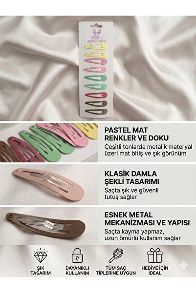 Aselaksesuarr 10'lu Set Mat Renkli Damla Çıtçıt Klipsli Kadın & Kız Çocuk Toka