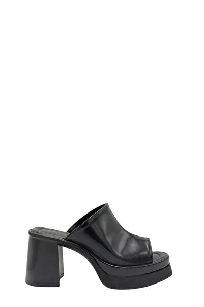 Moulin Shoes Black Leather Platform Heeled Women's Slippers