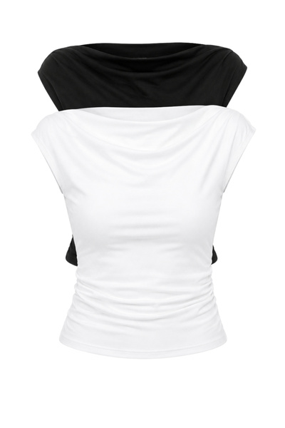 Bianco Lucci بلوزة ليكرا نسائية بياقة ديجاجي وتفاصيل كشكشة على الجانبين 6157 ...