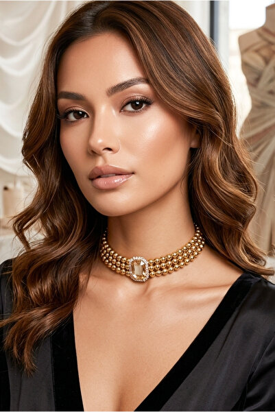 Happyline Gold Boncuklu Bal Taşlı Choker Kolye Gold Kaplama Tasma Choker Bage...