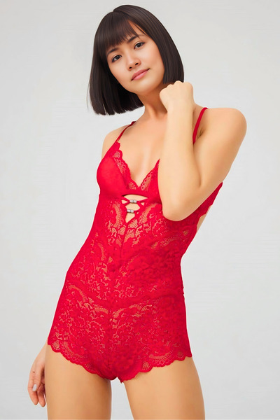 Homay Açık Sırt Dekolteli Transparan Dantelli Şort Form Bodysuit