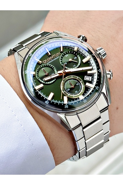 Quantum Functional Silver-Green Color Steel Cord Steel Case Men's Wristwatch ...