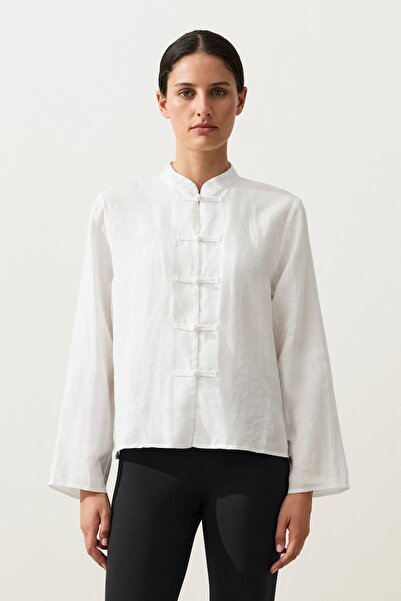 Oysho 100% linen stand-up collar shirt