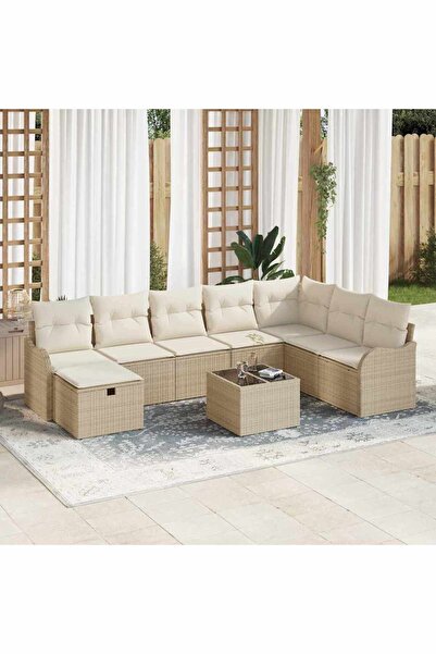 vidaxl Set de canapele pentru gradina cu perna 9 pcs Bej Rattan poli