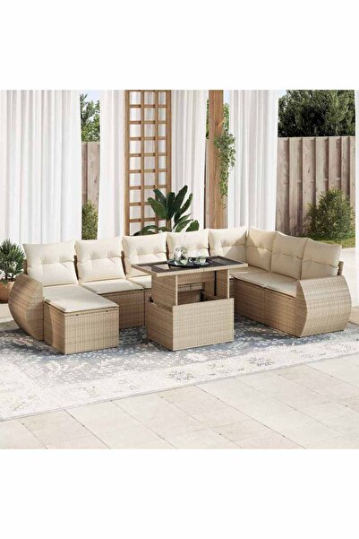 vidaxl Set canapele de gradina, 9 piese, cu perne, bej, poliratan
