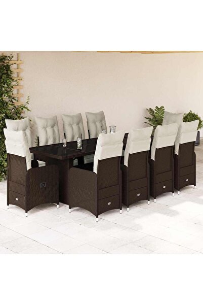 vidaxl Set bistro de gradina cu perne, 11 piese, maro, poliratan