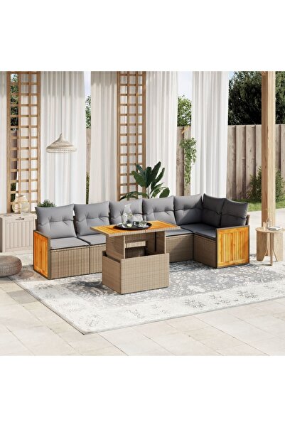 vidaxl Set canapele de gradina, 7 piese, cu perne, bej, poliratan