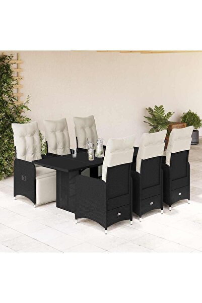 vidaxl Set bistro de gradina, 7 piese, cu perne, negru, poliratan