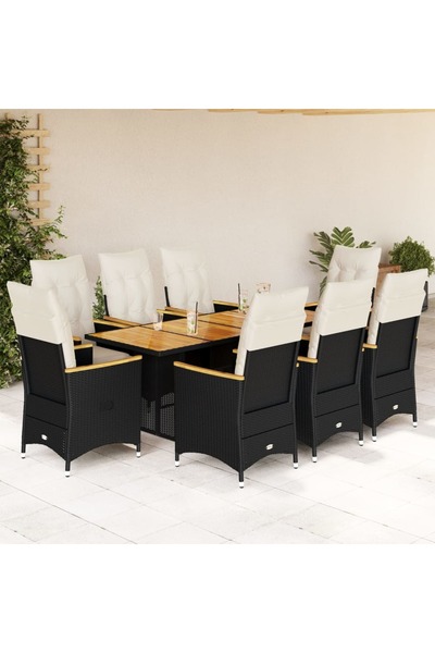 vidaxl Set bistro de gradina, 9 piese, cu perne, negru, poliratan