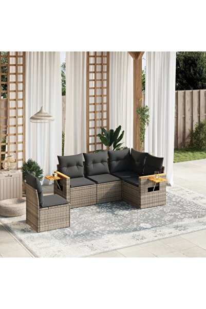 vidaxl Set canapea de gradina cu perne, 5 piese, gri, poliratan