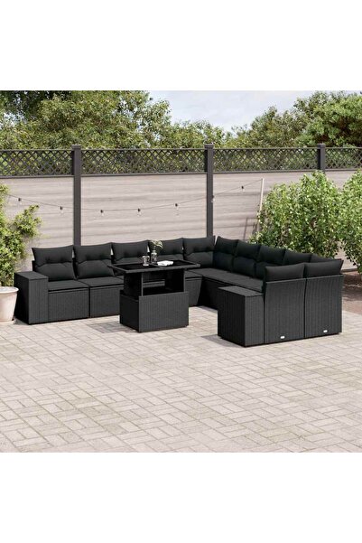 vidaxl Set canapele de gradina cu perne, 11 piese, negru, poliratan