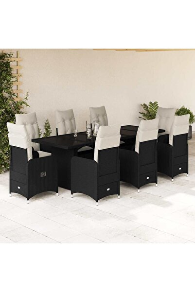 vidaxl Set bistro de gradina, 9 piese, cu perne, negru, poliratan