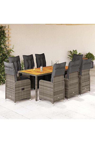 vidaxl Set bistro de gradina cu perne, 9 piese, gri, poliratan