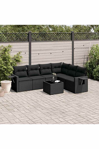 vidaxl Set canapele de gradina cu perne, 7 piese, negru, poliratan