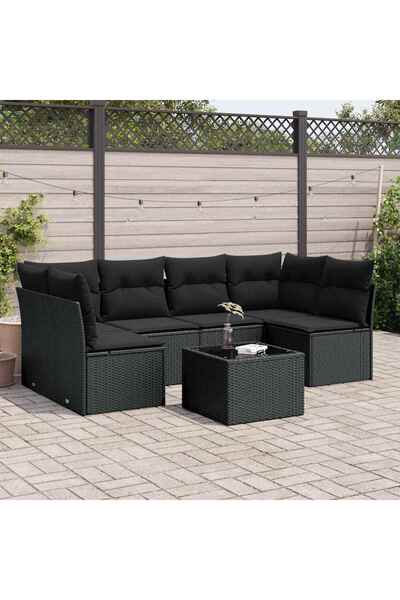 vidaxl Set canapele de gradina cu perne, 7 piese, negru, poliratan