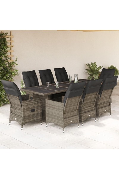 vidaxl Set bistro de gradina cu perne, 9 piese, gri, poliratan