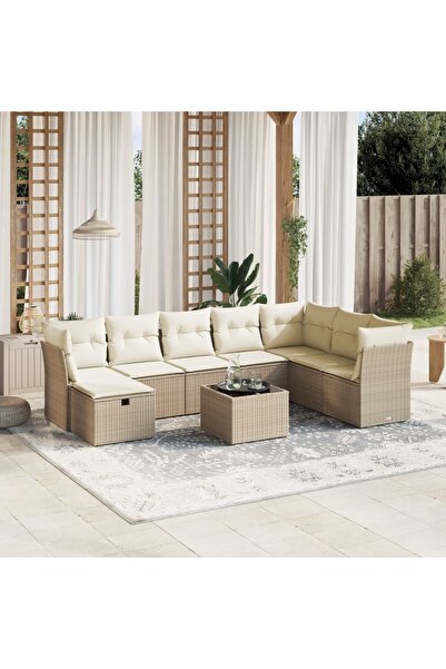 vidaxl Set canapele de gradina, 9 piese, cu perne, bej, poliratan