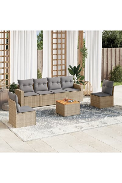 vidaxl Set canapele de gradina, 7 piese, cu perne, bej, poliratan