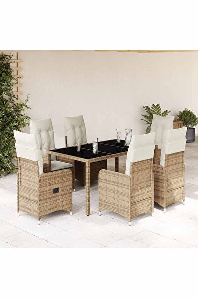 vidaxl Set bistro de gradina, 7 piese, cu perne, bej, poliratan
