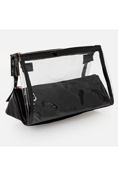 SHOPIENS Geantă de toaletă transparentă neagră cu 3 compartimente 22 x 11 x 1...